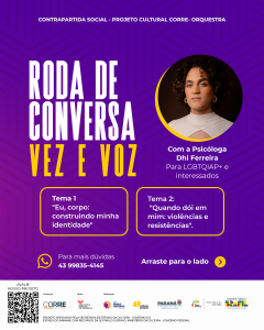 Com as palestras “Eu, corpo: construindo minha identidade” e “Quando dói em mim: violências e resistências”, a psicóloga e escritora Dhi Ferreira convida a comunidade LGBTQIAP+ e interessados para momentos de acolhimento, diálogo e escuta no projeto “Rodas de Conversa – Vez e Voz”. Os encontros gratuitos acontecem entre setembro e outubro em diferentes bibliotecas públicas de Londrina.
