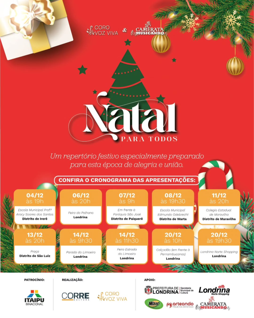 Coral com músicas natalinas, camerata com violinos e violoncelo além de papai noel e doces esperam por você e pela sua família, neste projeto de descentralização das comemorações. Divulgação. 